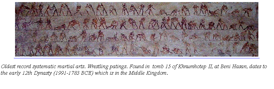 Text Box: ￼Oldest record systematic martial arts. Wrestling patings. Found in  tomb 15 of Khnumhotep II, at Beni Hasan, dates to the early 12th Dynasty (1991-1783 BCE) which is in the Middle Kingdom. 